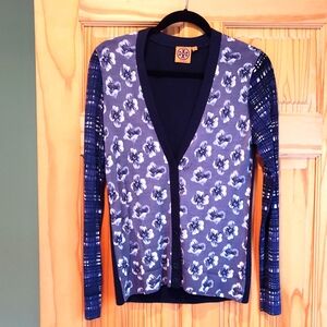 Tory Burch Slim Floral Wool Cardigan Mixed Floral Plaid Print Navy S M